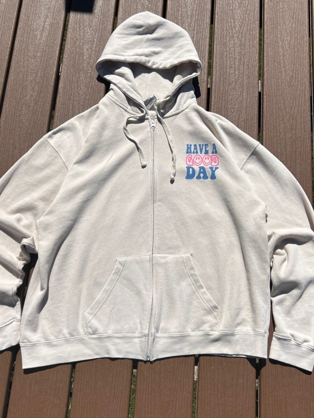 Vintage Light Gray Zip Hoodie with Pink & Blue "Have a Good Day" Graphic